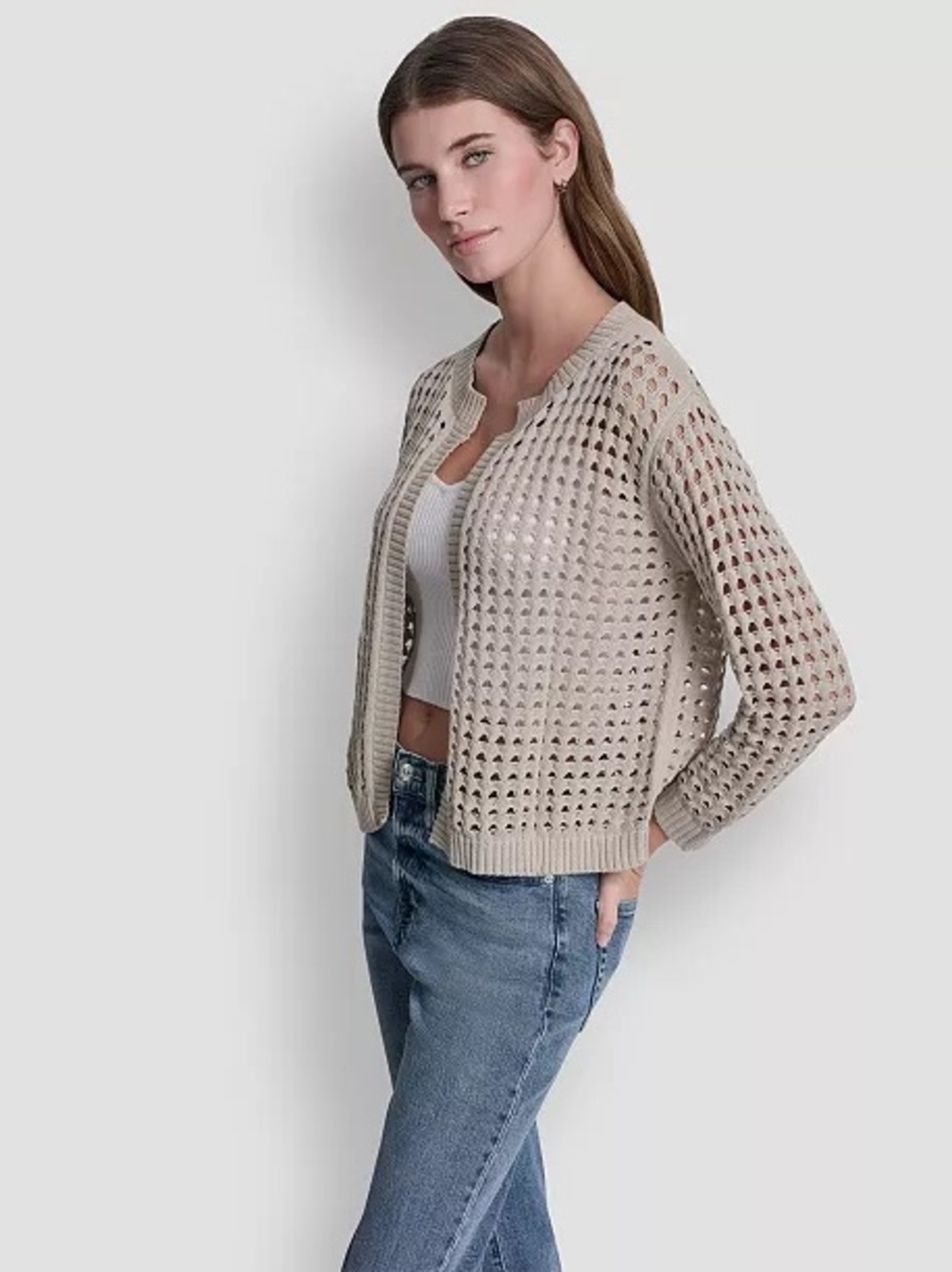 DKNY Jeans Beige Open-Knit cardigan pebble medium - Picture 2 of 5